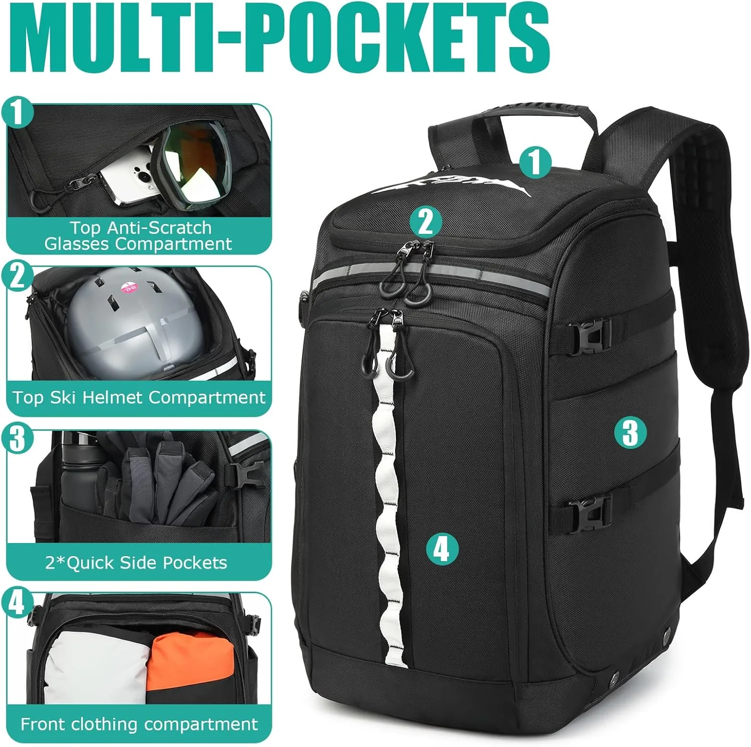 Ski Boot Bag, 65L Ski Boot Travel Backpack for Ski Helmet, Goggles, Gloves, Skis, Snowboard & Accessories, Waterproof Ski Bag, Durable and Stylish