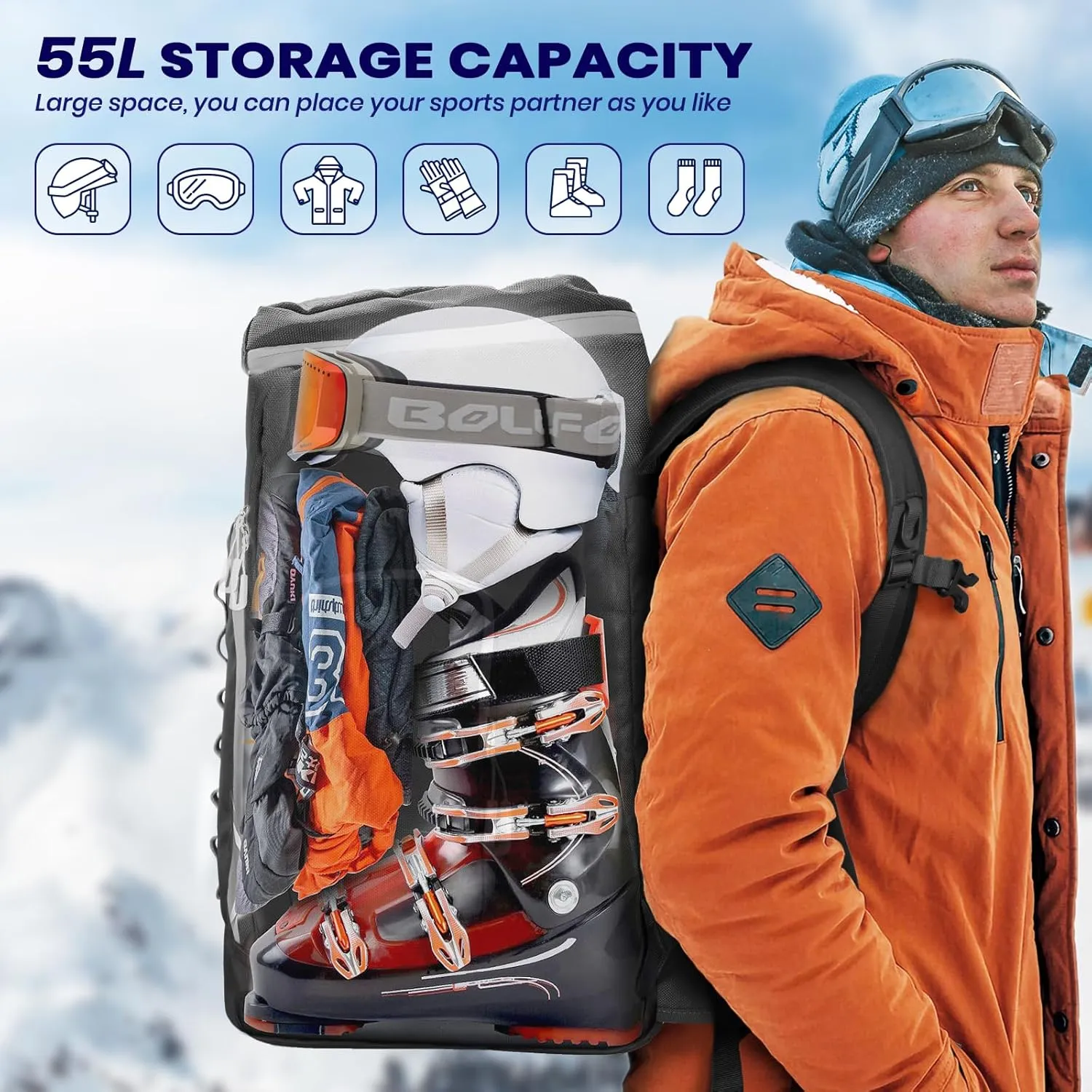 Ski Boot Bag, Large 55L Ski Boot Bag Backpack 1680D Nylon Waterproof Ski Bag for Helmet, Goggles, Gloves, Skis Snowboard & Accessories Travel