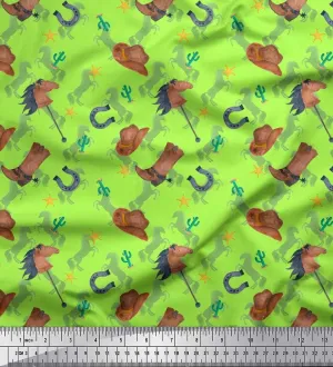 Soimoi Rayon Green Fabric - by The Yard - 56 Inch Wide - Hat, Boot & Horse Animal Print Fabric - Rustic Charm with Equestrian Elements Printed Fabric