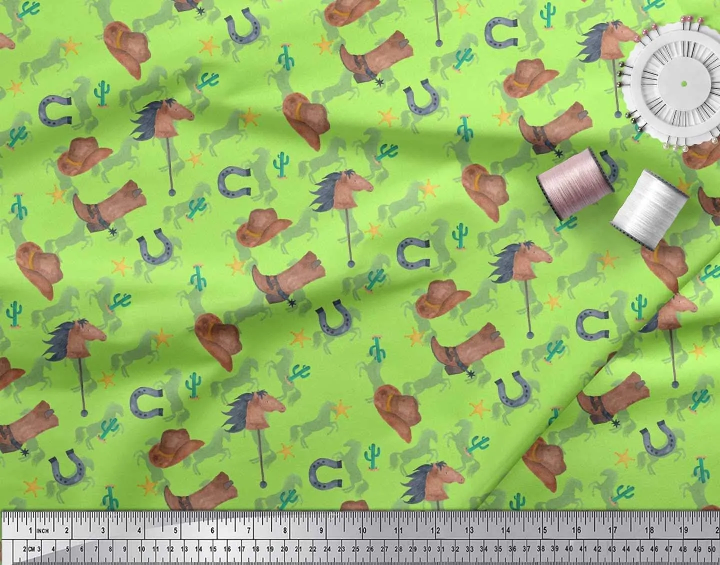 Soimoi Rayon Green Fabric - by The Yard - 56 Inch Wide - Hat, Boot & Horse Animal Print Fabric - Rustic Charm with Equestrian Elements Printed Fabric