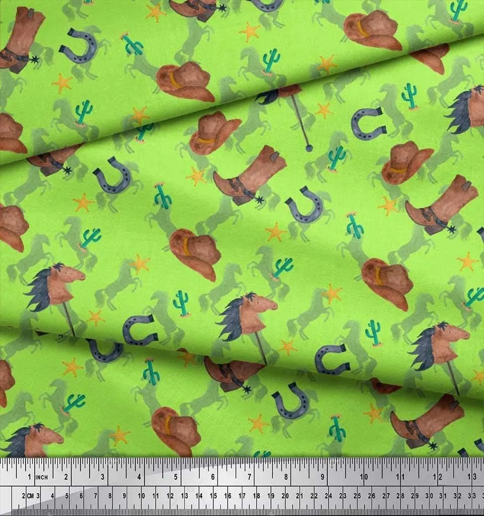 Soimoi Rayon Green Fabric - by The Yard - 56 Inch Wide - Hat, Boot & Horse Animal Print Fabric - Rustic Charm with Equestrian Elements Printed Fabric