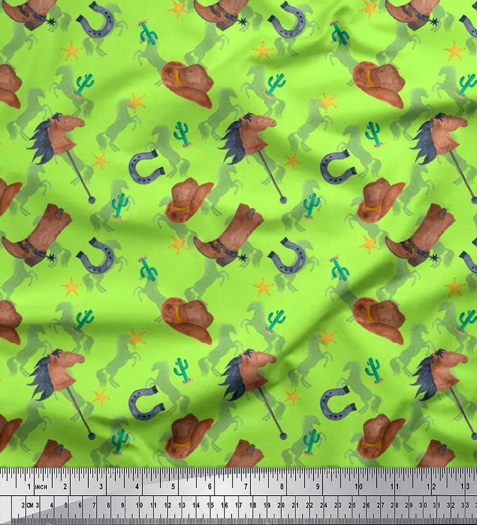 Soimoi Rayon Green Fabric - by The Yard - 56 Inch Wide - Hat, Boot & Horse Animal Print Fabric - Rustic Charm with Equestrian Elements Printed Fabric