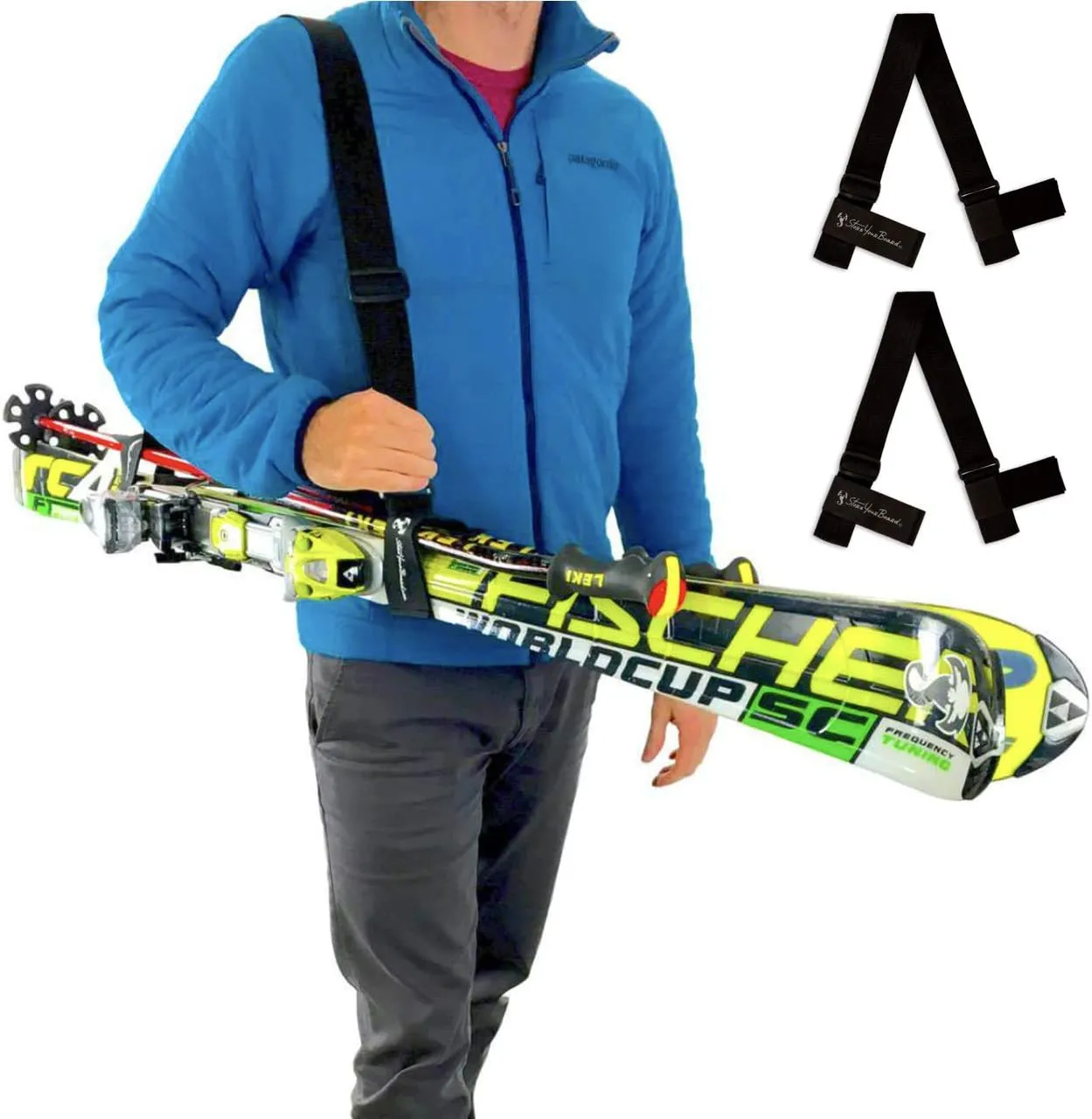StoreYourBoard Ski Carrier Strap 2-Pack, Adjustable Ski and Pole Carrier, Shoulder Sling System for Carrying Skis, Heavy-Duty Ski Holder Strap (2 Pack)