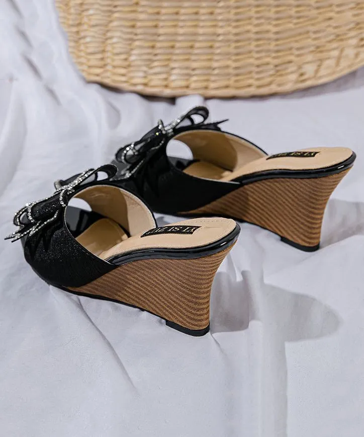 Stylish Peep Heels Sandals Toe Wedge Bow Splicing Black Slide
