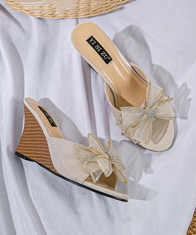 Stylish Peep Heels Sandals Toe Wedge Bow Splicing Black Slide