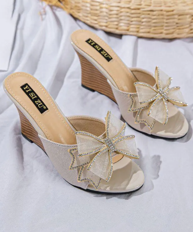 Stylish Peep Heels Sandals Toe Wedge Bow Splicing Black Slide