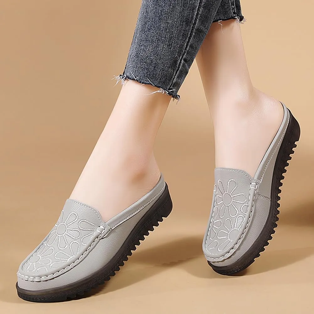 Succttssful Women's Closed Toe Mules Sandals for Walking: Backless Flats Loafers for Office - Casual Leather Mules for Girls
