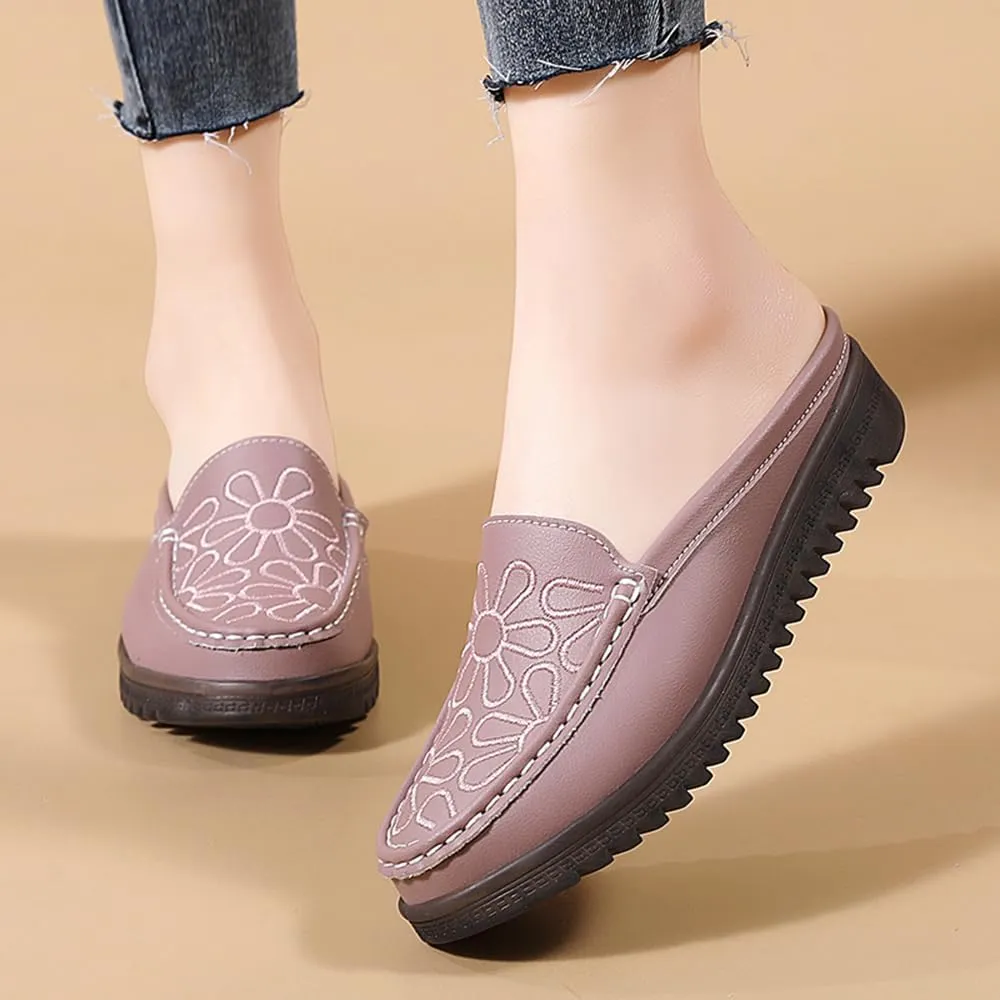 Succttssful Women's Closed Toe Mules Sandals for Walking: Backless Flats Loafers for Office - Casual Leather Mules for Girls
