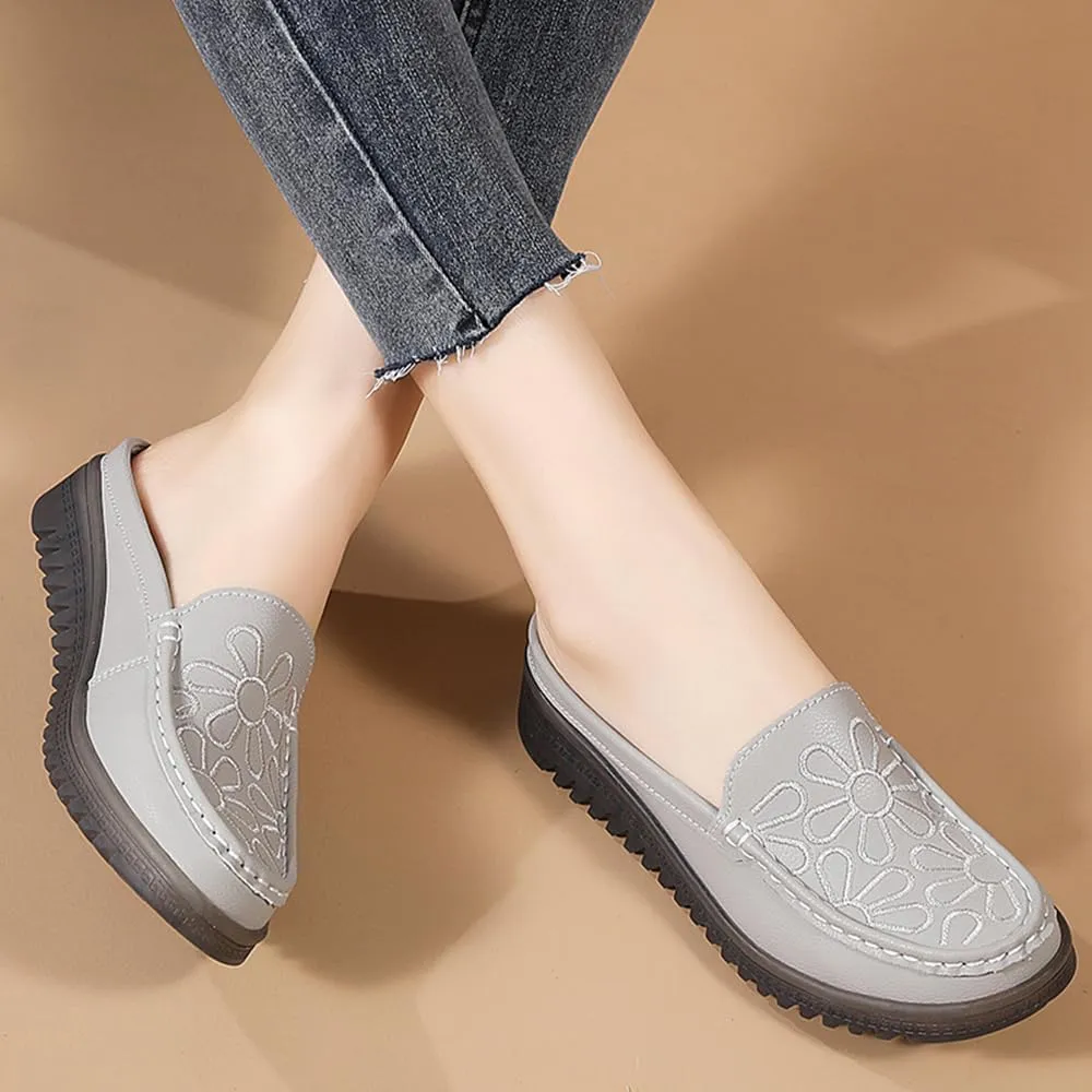 Succttssful Women's Closed Toe Mules Sandals for Walking: Backless Flats Loafers for Office - Casual Leather Mules for Girls