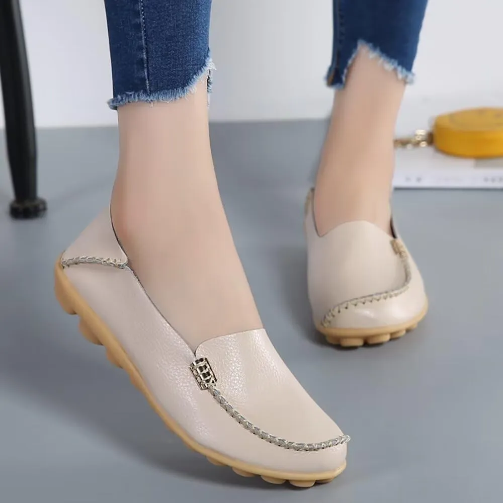 Sunporx Women's Driving Loafers Leather Comfortable Moccasins Breathable Slip On Nurse Loafer Round Toe Wild Walking Fashion Soft Shoes