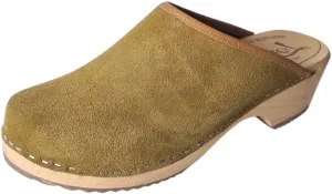 Swedish Classic Clog Mule for Women | Low Heel Slip-on Wooden Clogs Handmade in Sweden | Italian Suede Leather with tan Leather Trim and Alder Wood I Olive
