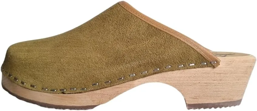 Swedish Classic Clog Mule for Women | Low Heel Slip-on Wooden Clogs Handmade in Sweden | Italian Suede Leather with tan Leather Trim and Alder Wood I Olive