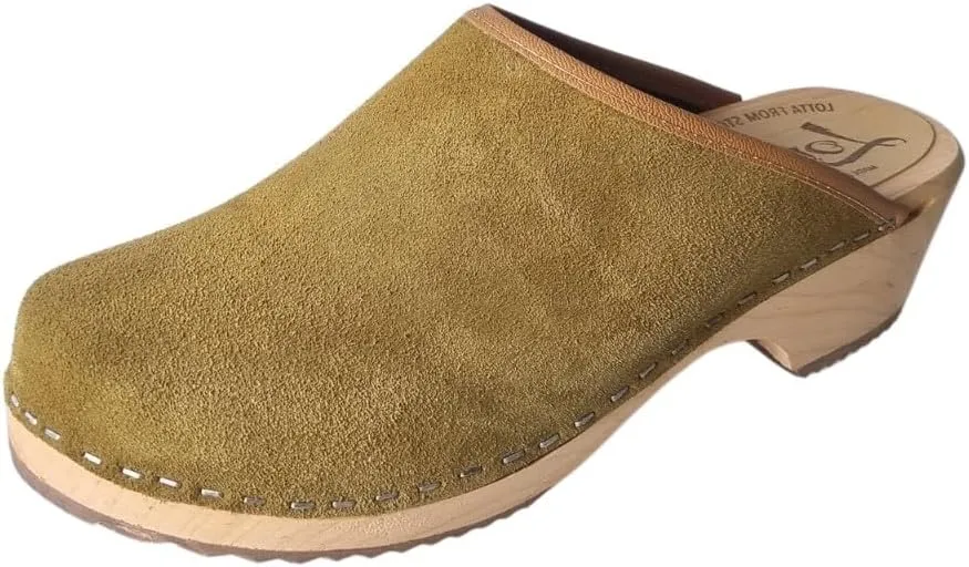 Swedish Classic Clog Mule for Women | Low Heel Slip-on Wooden Clogs Handmade in Sweden | Italian Suede Leather with tan Leather Trim and Alder Wood I Olive