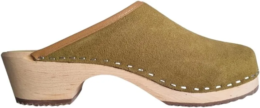 Swedish Classic Clog Mule for Women | Low Heel Slip-on Wooden Clogs Handmade in Sweden | Italian Suede Leather with tan Leather Trim and Alder Wood I Olive