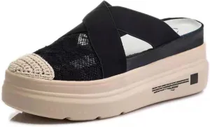 Swezida Women's Lace Mesh Platform Mule Shoes,Hollow Out Tulle Flower Embroidery Slip-On Loafer,Thick-Soled Height-Enhancing Fisherman's Shoes,Casual Breathable Slippers Sandals