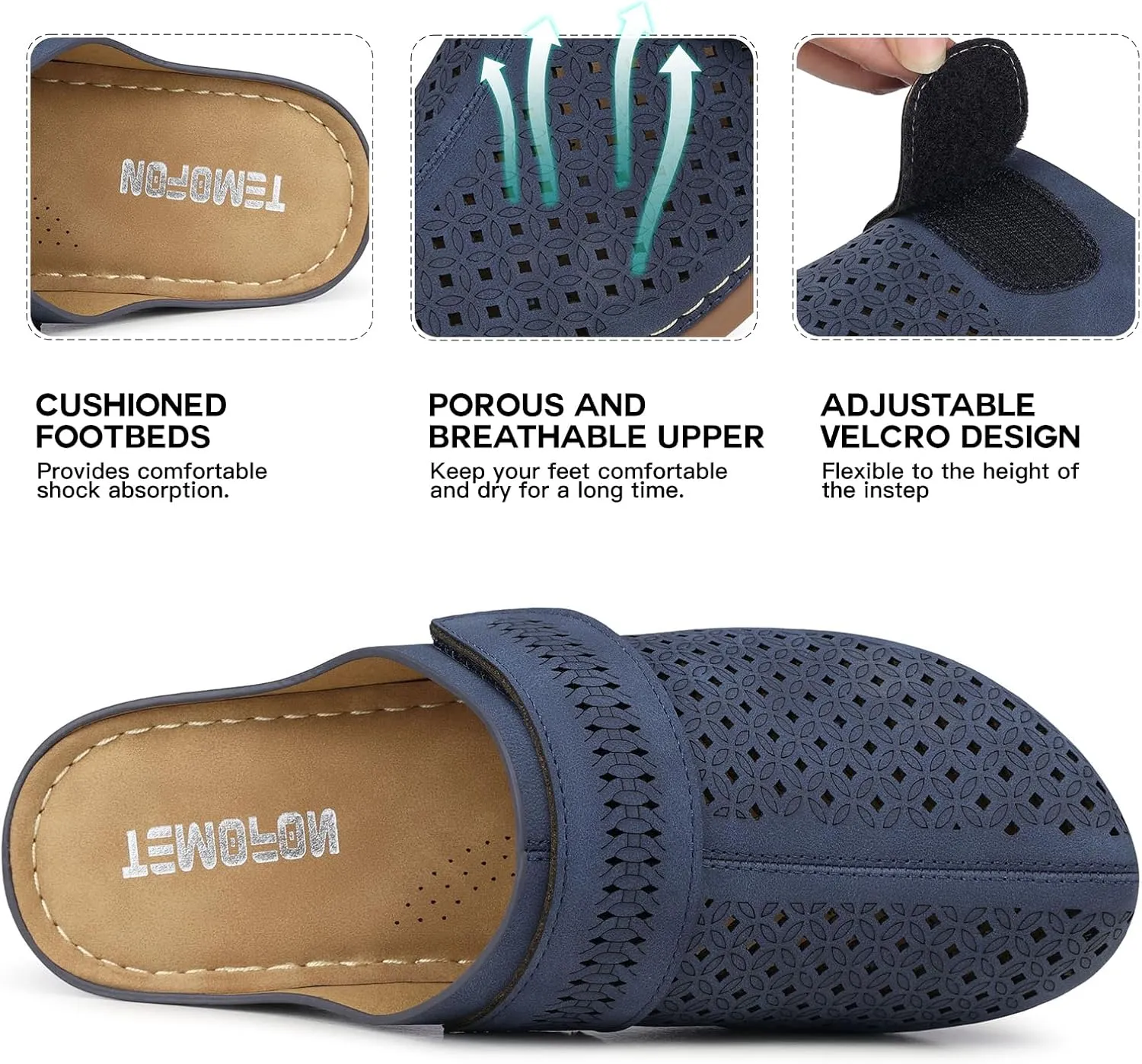 TEMOFON Mules for Women Slip on Sandals: Comfortable Clogs with Arch Support Leather Flats Closed Toe Sandals Shoes