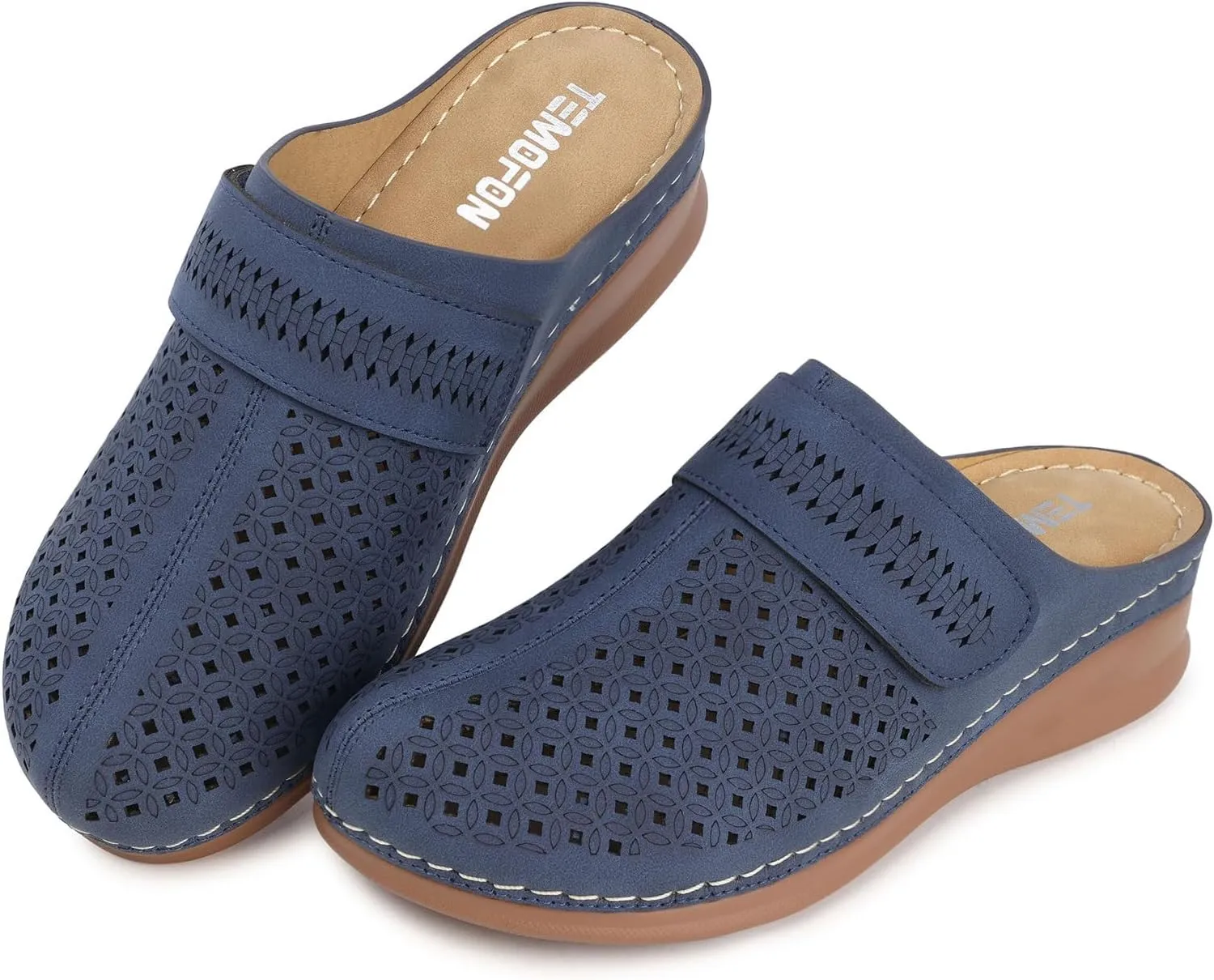 TEMOFON Mules for Women Slip on Sandals: Comfortable Clogs with Arch Support Leather Flats Closed Toe Sandals Shoes