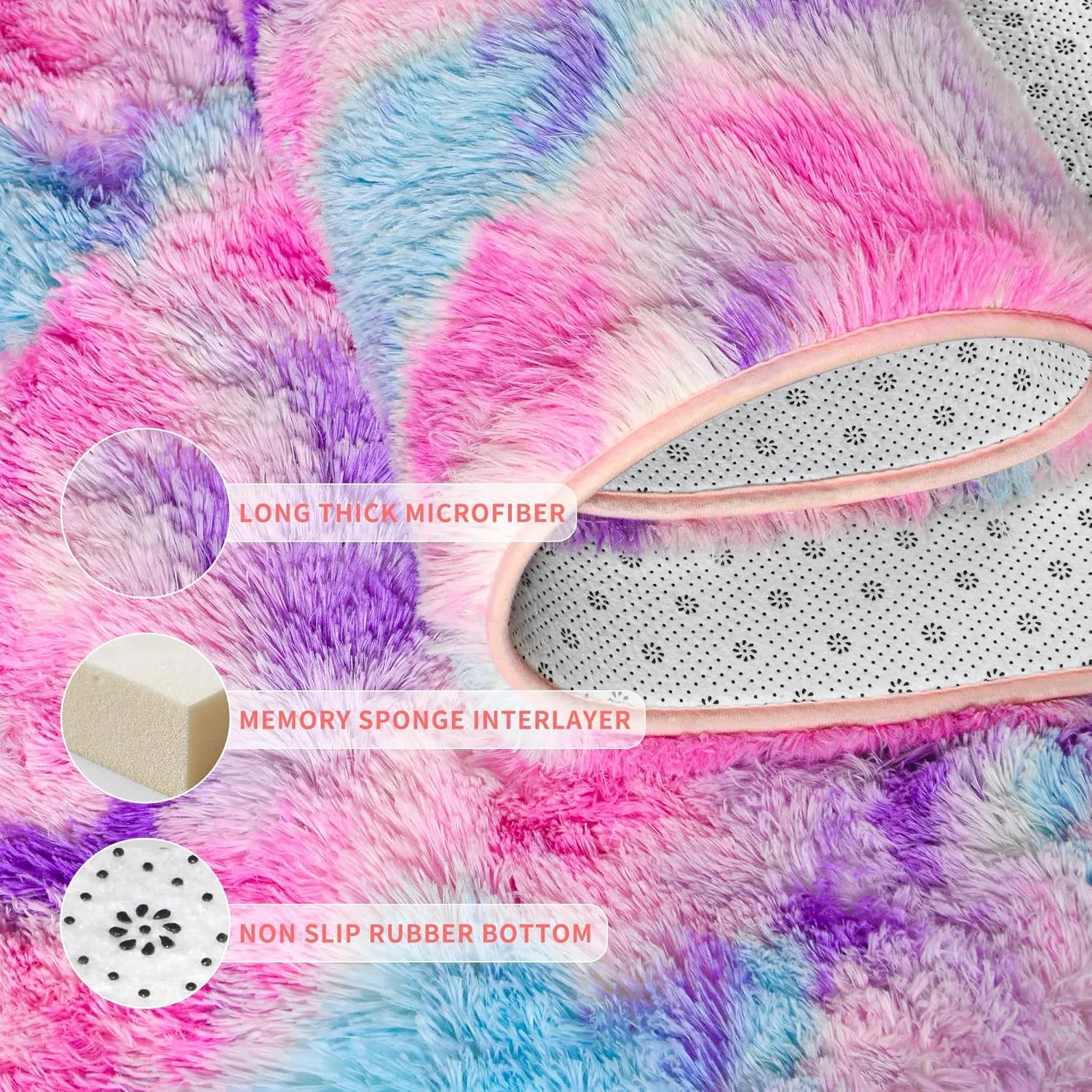 Tepook Soft Rainbow Rug for Girls Room, Cute Fluffy Girls Bedroom Rug, 2x6 Feet Shaggy Princess Rug Colorful Carpet for Kids Teens Toddler Playroom Nursery Reading Nook, Hot Pink