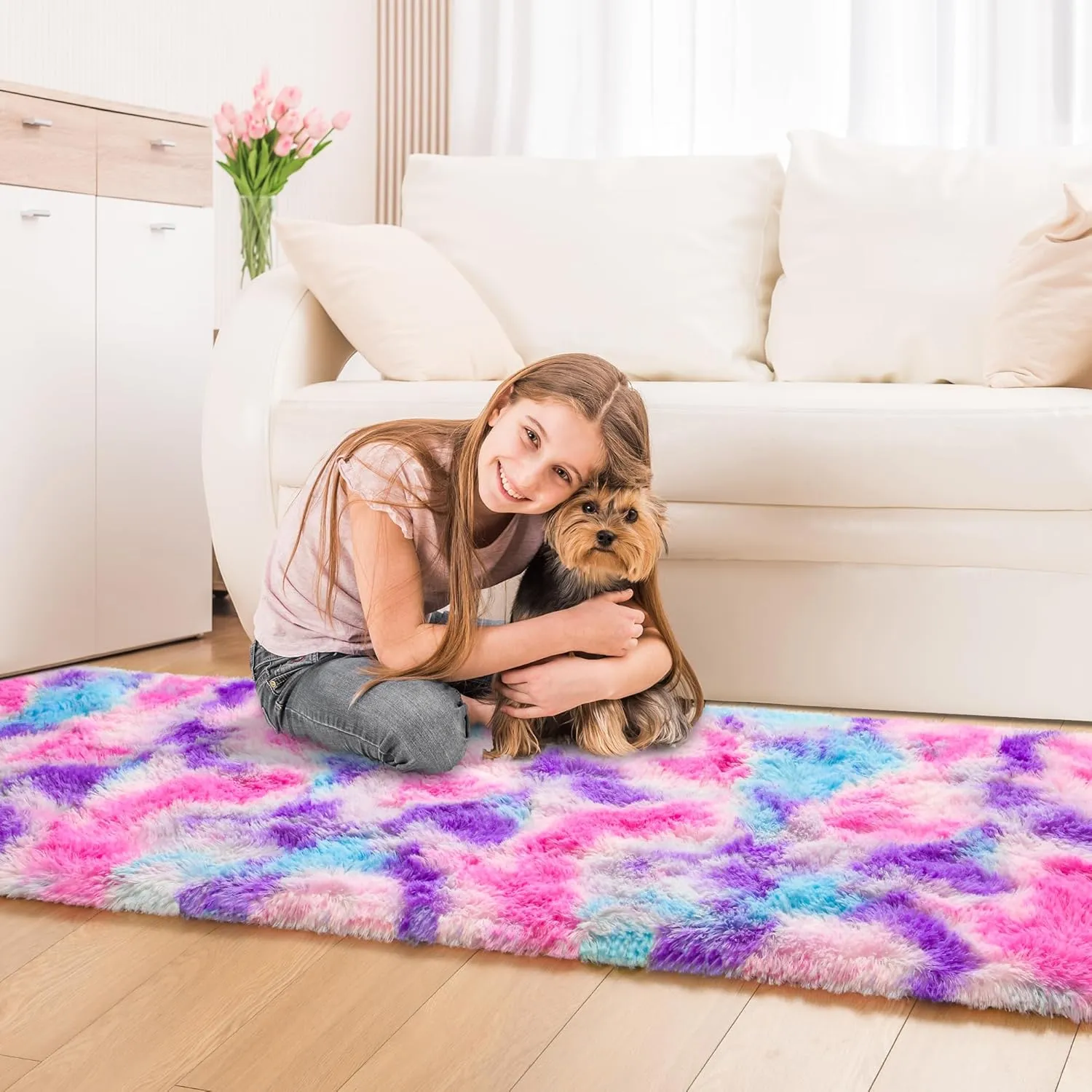 Tepook Soft Rainbow Rug for Girls Room, Cute Fluffy Girls Bedroom Rug, 2x6 Feet Shaggy Princess Rug Colorful Carpet for Kids Teens Toddler Playroom Nursery Reading Nook, Hot Pink