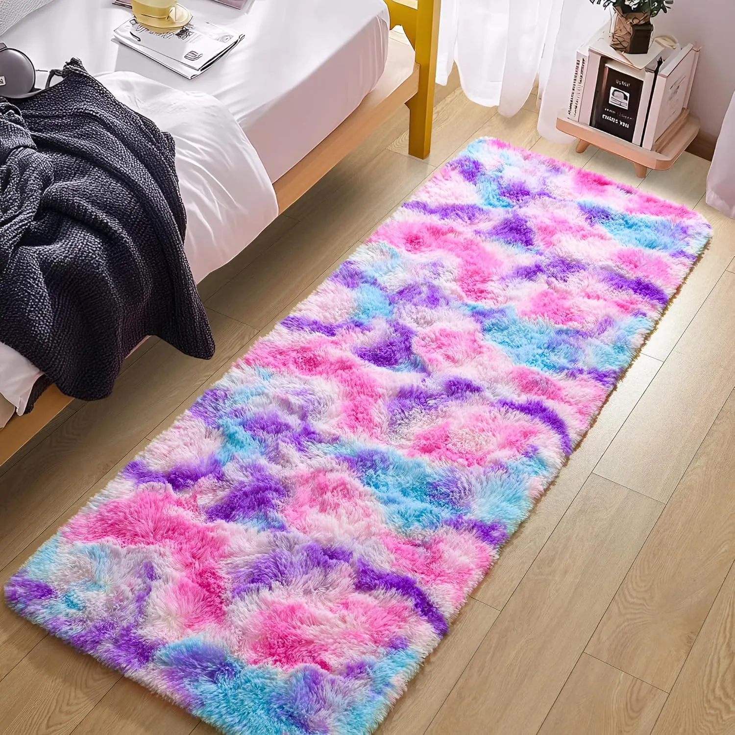 Tepook Soft Rainbow Rug for Girls Room, Cute Fluffy Girls Bedroom Rug, 2x6 Feet Shaggy Princess Rug Colorful Carpet for Kids Teens Toddler Playroom Nursery Reading Nook, Hot Pink