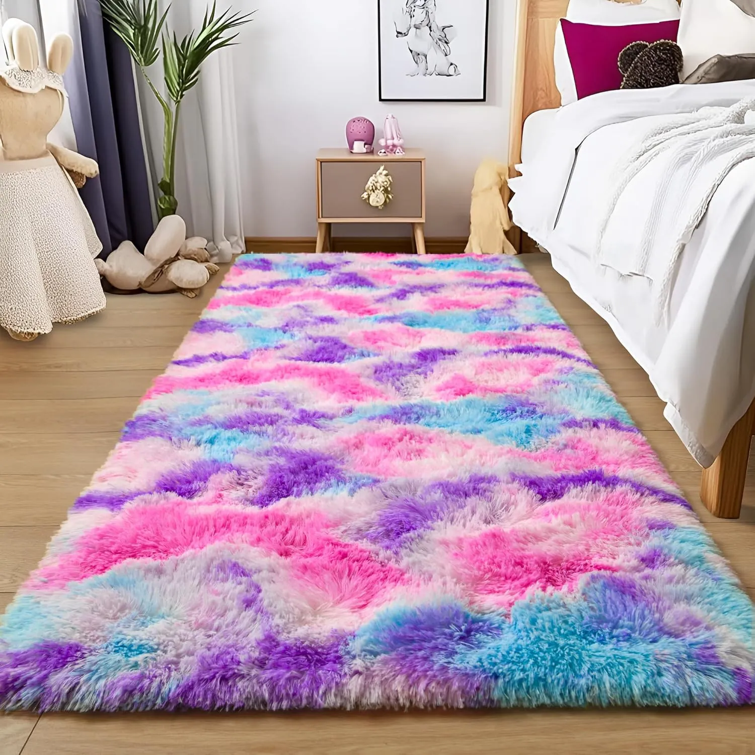 Tepook Soft Rainbow Rug for Girls Room, Cute Fluffy Girls Bedroom Rug, 2x6 Feet Shaggy Princess Rug Colorful Carpet for Kids Teens Toddler Playroom Nursery Reading Nook, Hot Pink