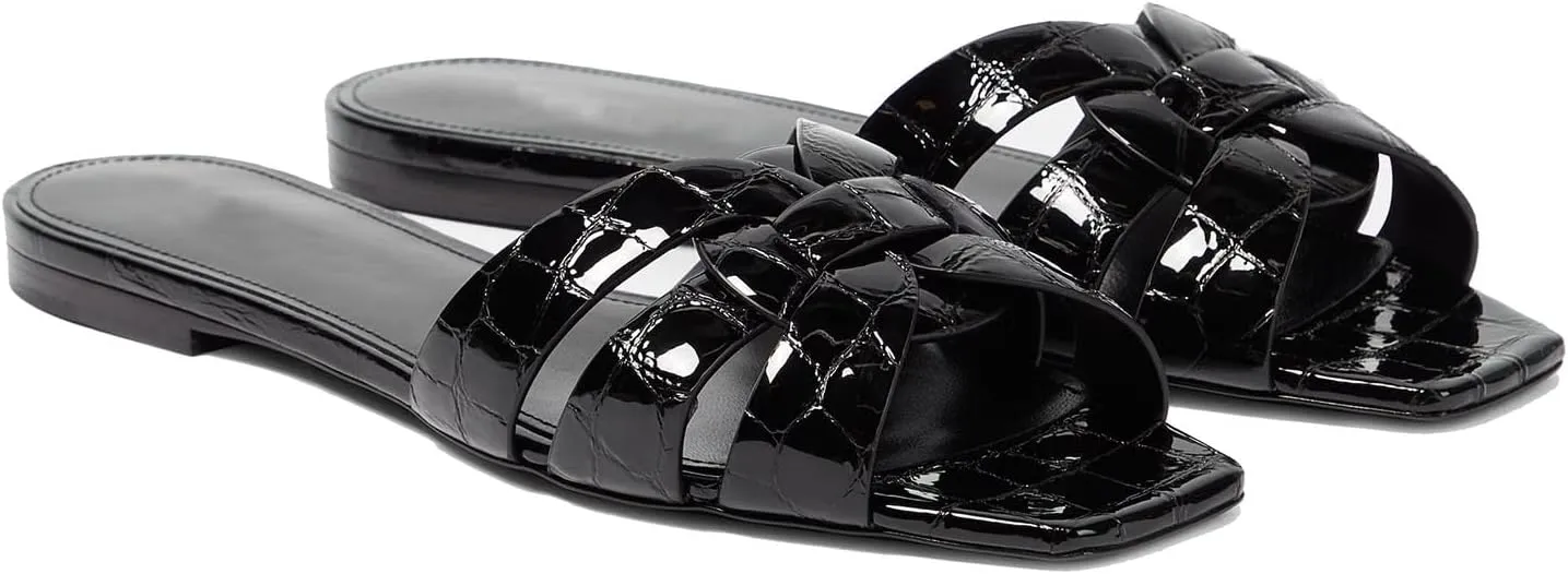 THESHY Women's Flat Sandals Square Toe Patent Leather Comfortable Slip on Slippers Casual Summer Dressy Beach Slide Sandals for Women