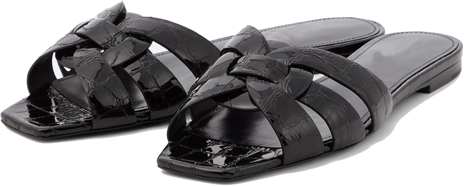 THESHY Women's Flat Sandals Square Toe Patent Leather Comfortable Slip on Slippers Casual Summer Dressy Beach Slide Sandals for Women