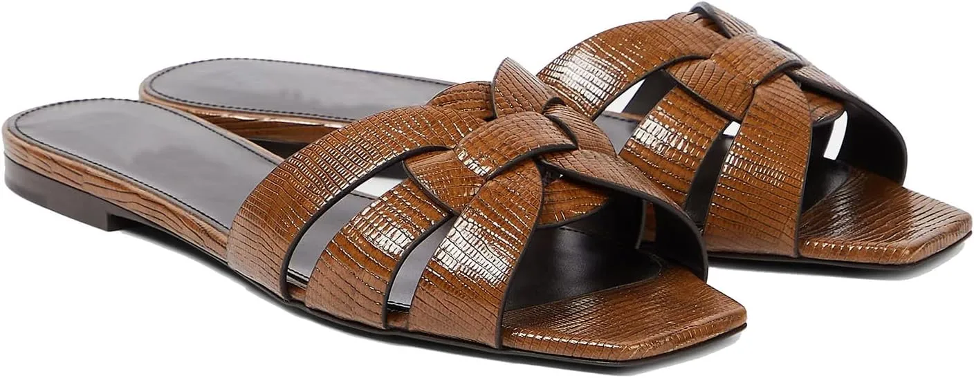 THESHY Women's Flat Sandals Square Toe Patent Leather Comfortable Slip on Slippers Casual Summer Dressy Beach Slide Sandals for Women
