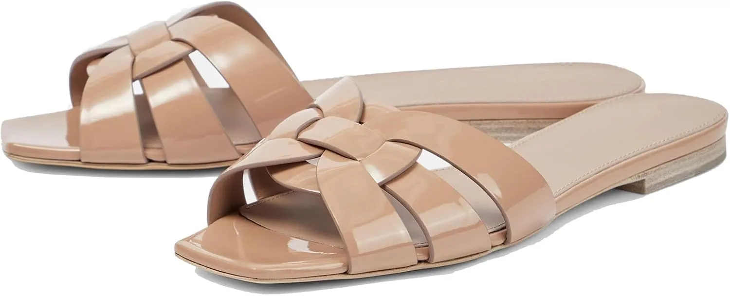 THESHY Women's Flat Sandals Square Toe Patent Leather Comfortable Slip on Slippers Casual Summer Dressy Beach Slide Sandals for Women