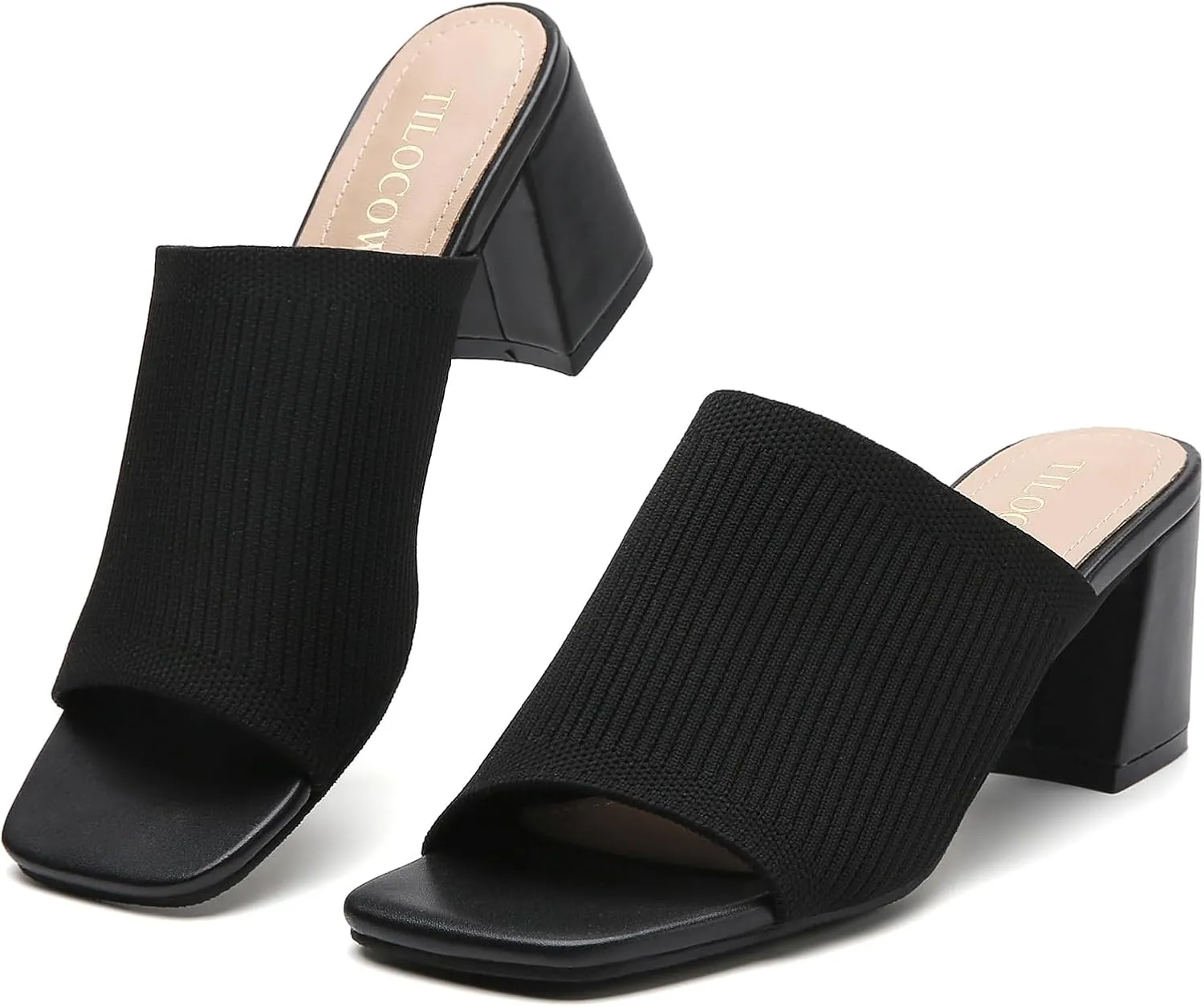 Tilocow Knit Heeled Sandals for Women Square Chunky Low Block Heel Mules Open Toe Slip On Breathable Slides Sandal Black