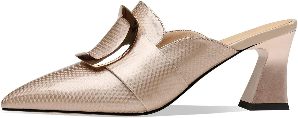 TinaCus Handmade Women's Genuine Leather Pointy Toe Spool Heel Mule Pumps with Metal Square Pattern