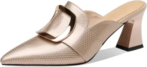 TinaCus Handmade Women's Genuine Leather Pointy Toe Spool Heel Mule Pumps with Metal Square Pattern