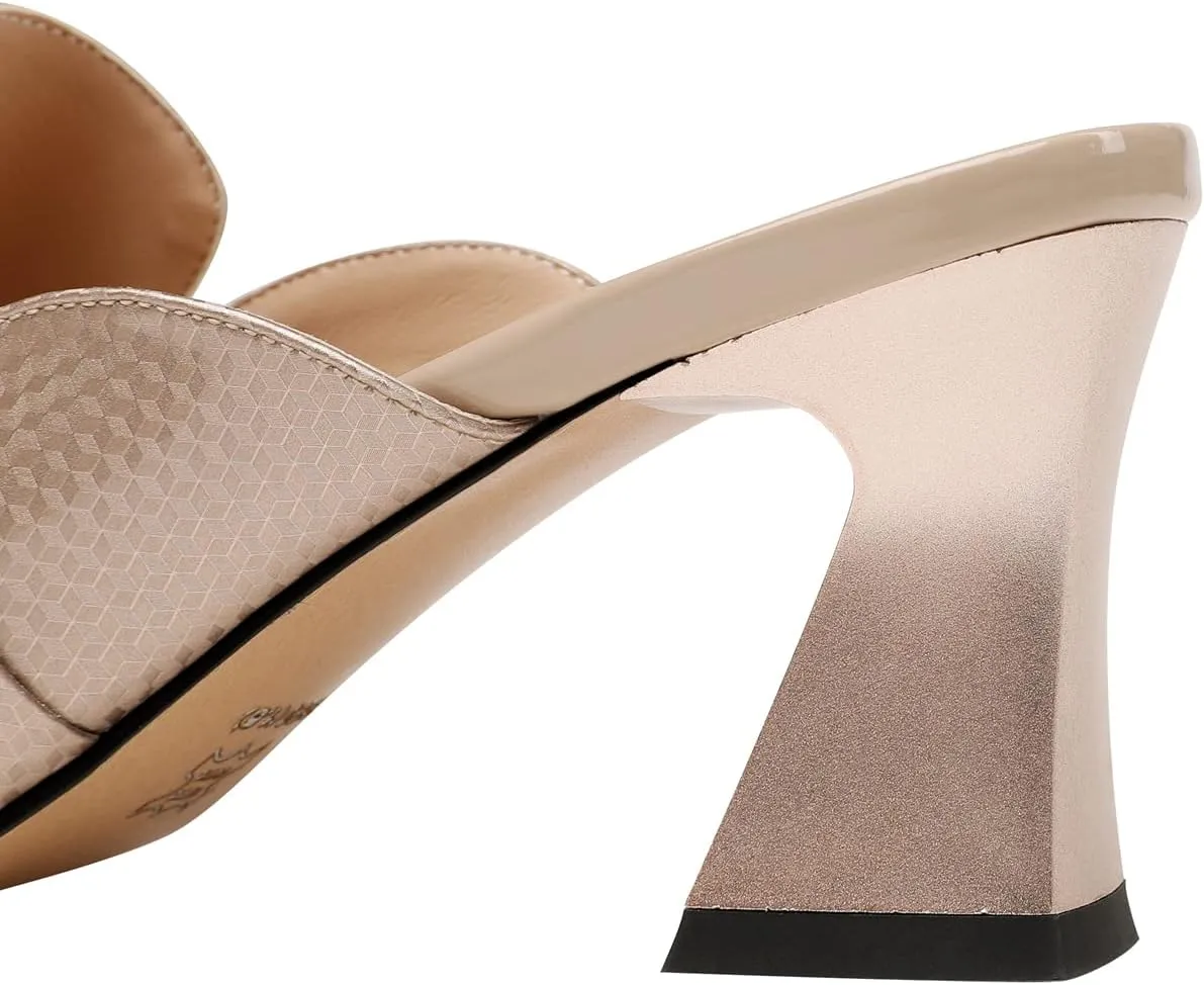 TinaCus Handmade Women's Genuine Leather Pointy Toe Spool Heel Mule Pumps with Metal Square Pattern