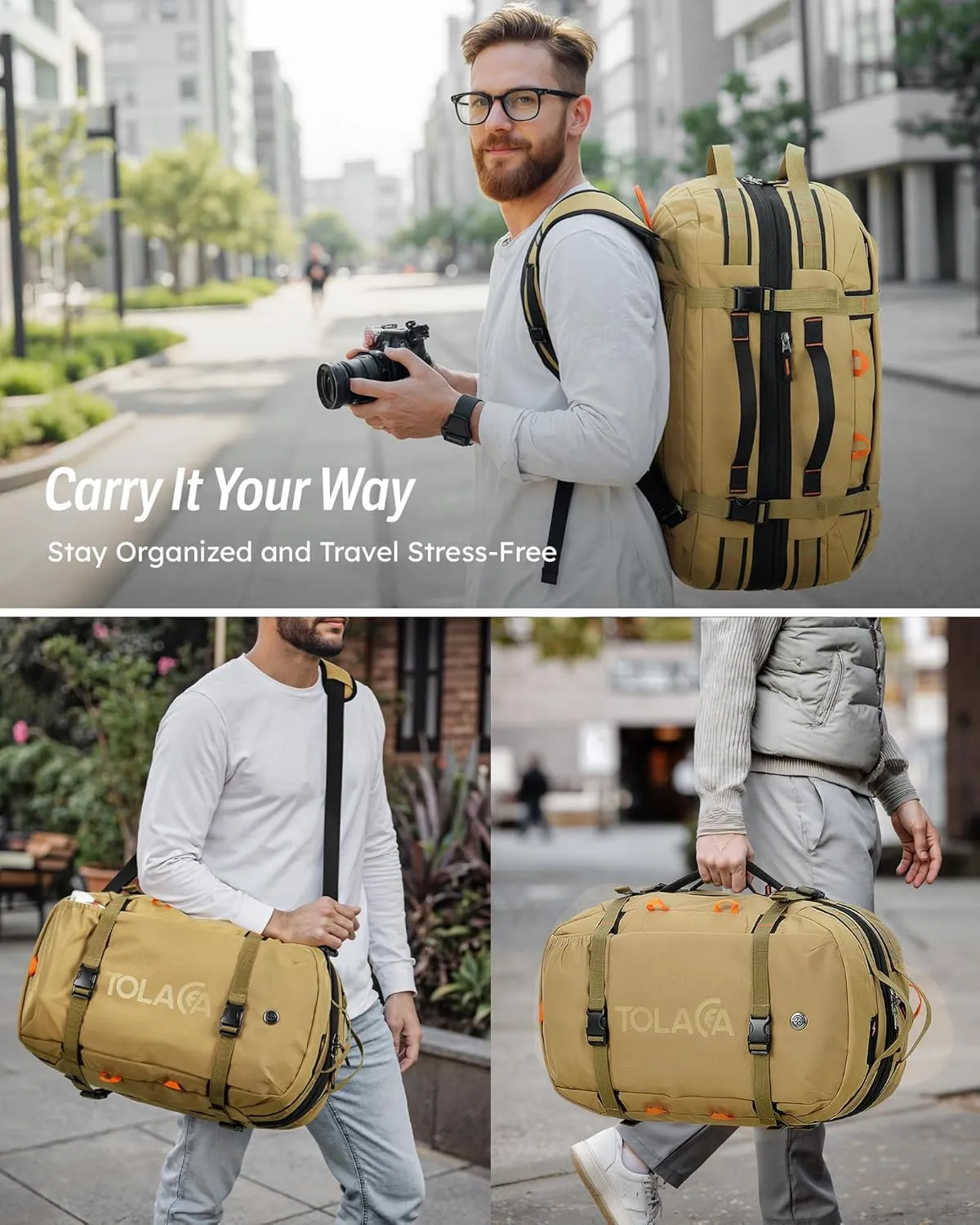 Tolaccea Travel Laptop Backpack, Large Carry on Backpack Flight Approved Convertible Duffle Luggage Bag Daypack Work Business Rucksack Fits 16" Laptop for Men Women 3 Carrying Ways, 40L-50L Expandable