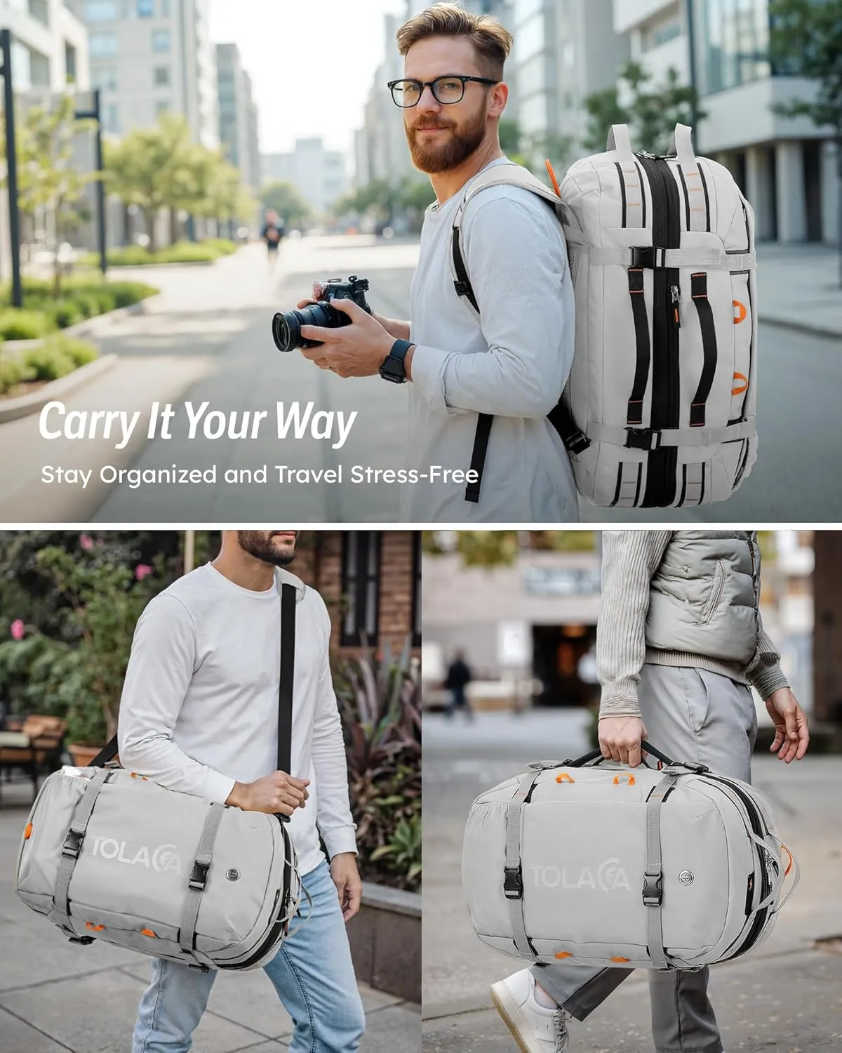 Tolaccea Travel Laptop Backpack, Large Carry on Backpack Flight Approved Convertible Duffle Luggage Bag Daypack Work Business Rucksack Fits 16" Laptop for Men Women 3 Carrying Ways, 40L-50L Expandable
