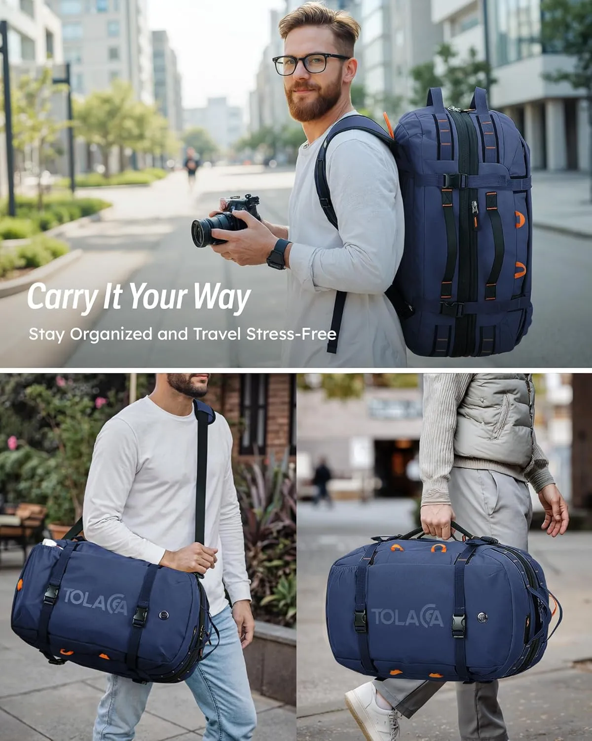 Tolaccea Travel Laptop Backpack, Large Carry on Backpack Flight Approved Convertible Duffle Luggage Bag Daypack Work Business Rucksack Fits 16" Laptop for Men Women 3 Carrying Ways, 40L-50L Expandable