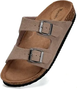 Torotto Mens Slides with Cork Footbed Open Toe Adjustable Webbing Flat Sandals for Walking | Beach | Indoor
