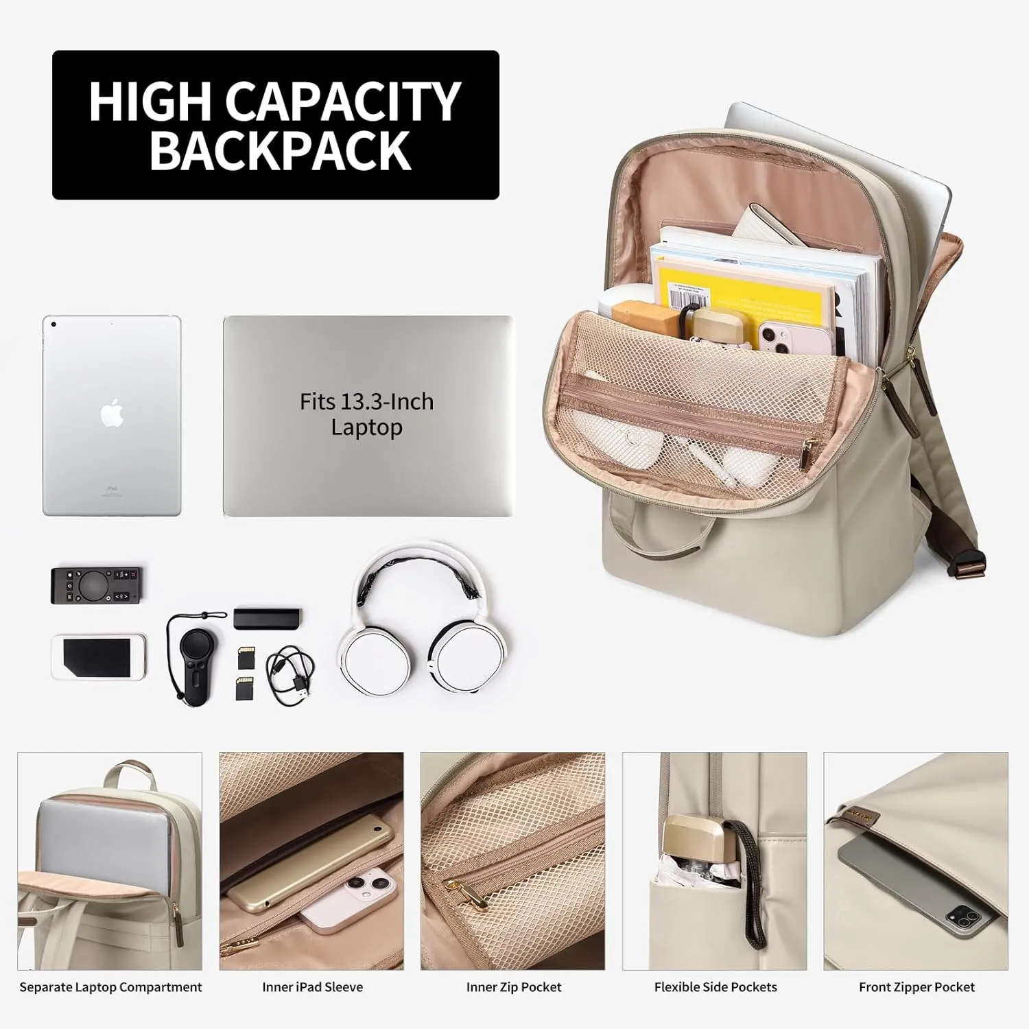 Travel Laptop Backpack for Women Anti Theft Slim Durable College Bookbag Business Computer Bag Fit 13.3Inch Notebook (Apricot, 13.3Inch)