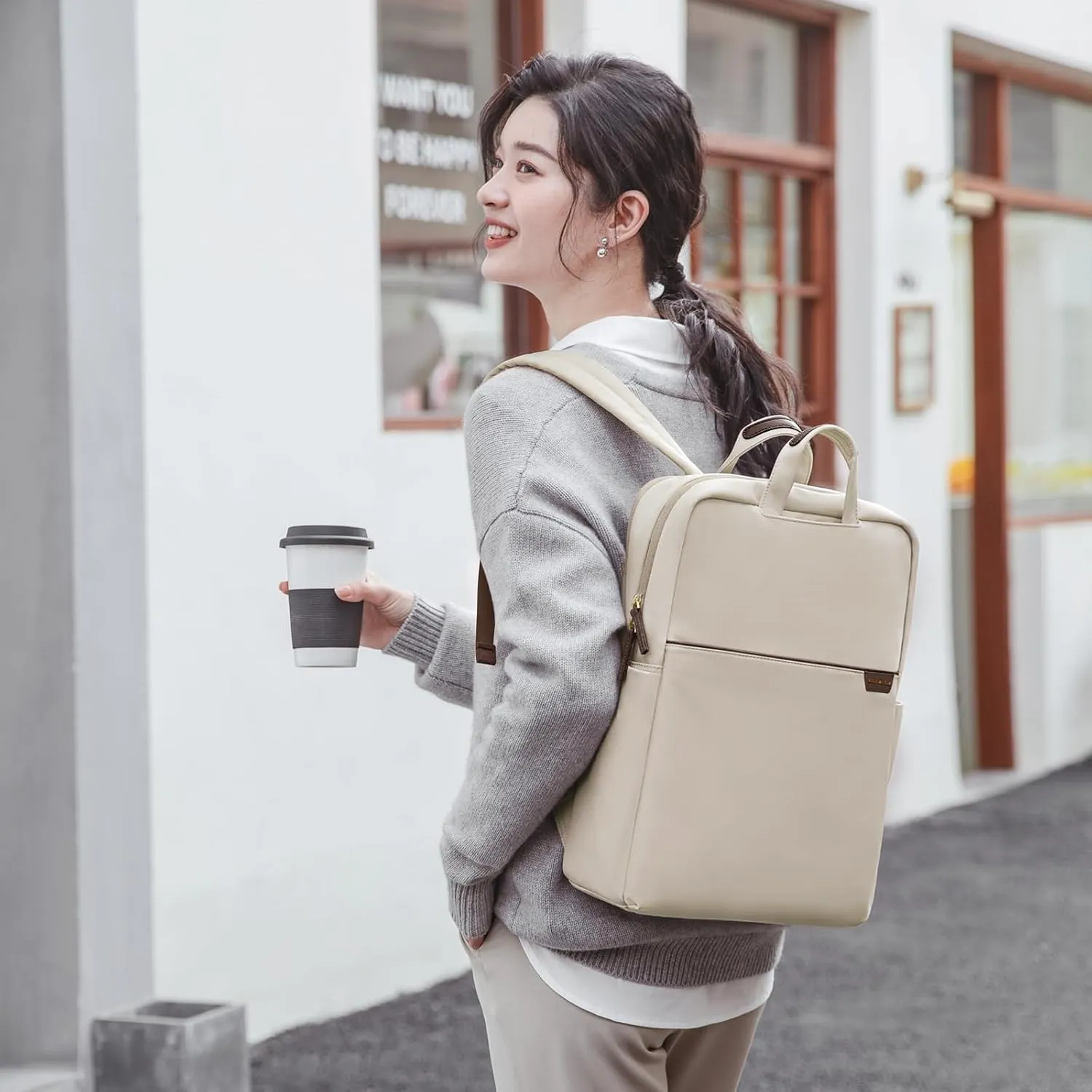 Travel Laptop Backpack for Women Anti Theft Slim Durable College Bookbag Business Computer Bag Fit 13.3Inch Notebook (Apricot, 13.3Inch)