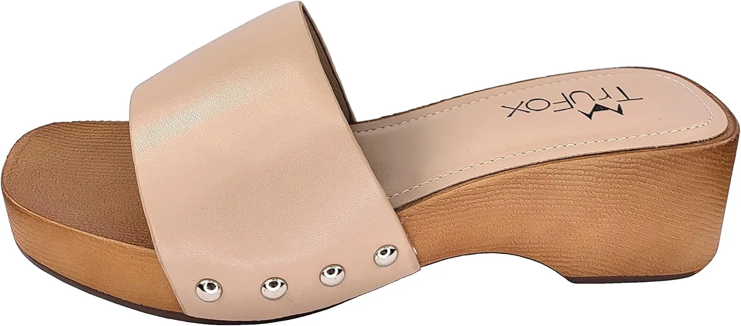 TruFox Classic Slide Sandals Low Heel Lightweight Faux Wood