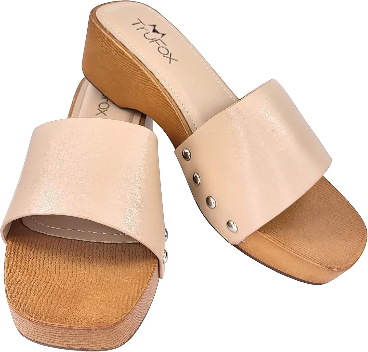 TruFox Classic Slide Sandals Low Heel Lightweight Faux Wood