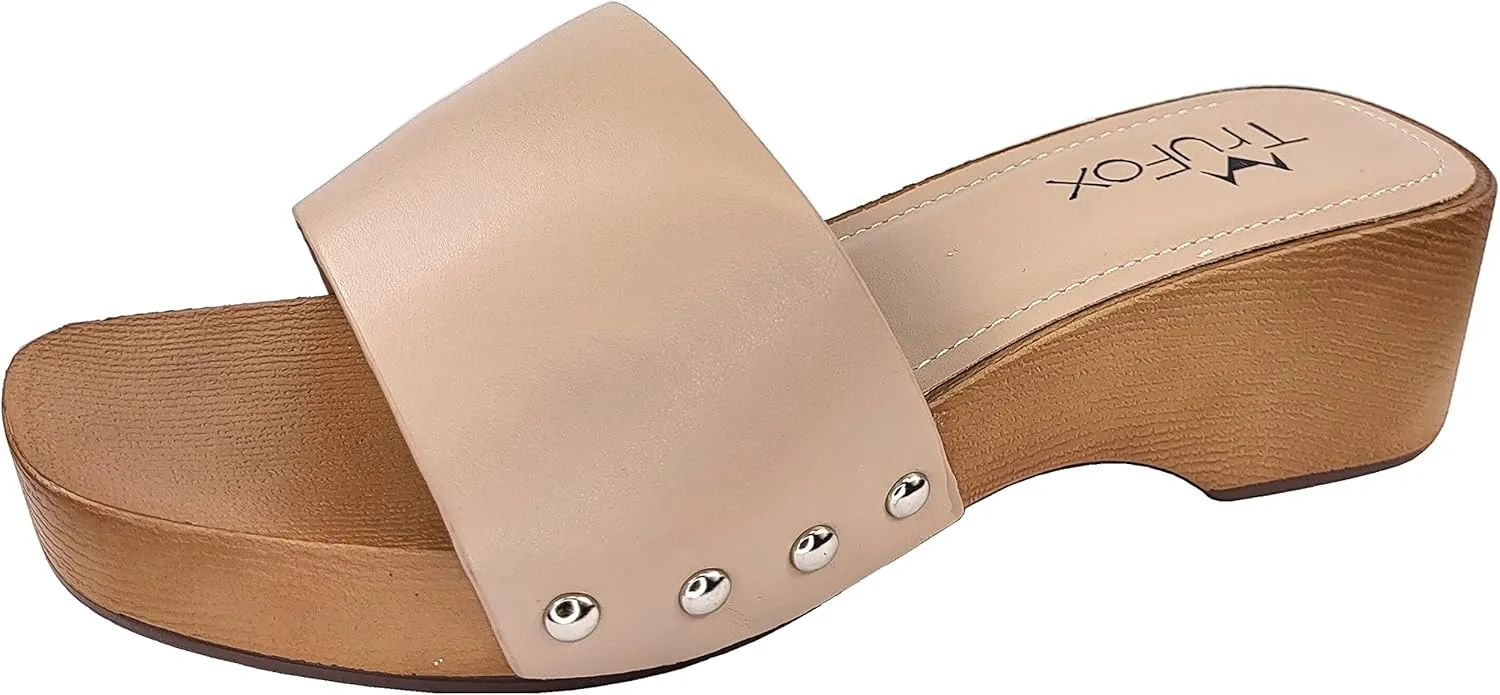 TruFox Classic Slide Sandals Low Heel Lightweight Faux Wood