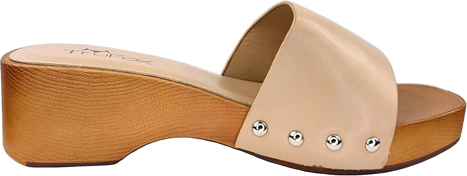 TruFox Classic Slide Sandals Low Heel Lightweight Faux Wood