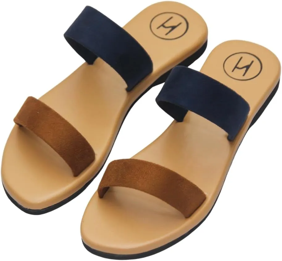 Twain Game - Women's Suede Vegan Leather Double Band Comfortable Flat Slide Sandal