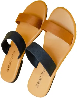 Twain Game - Women's Suede Vegan Leather Double Band Comfortable Flat Slide Sandal