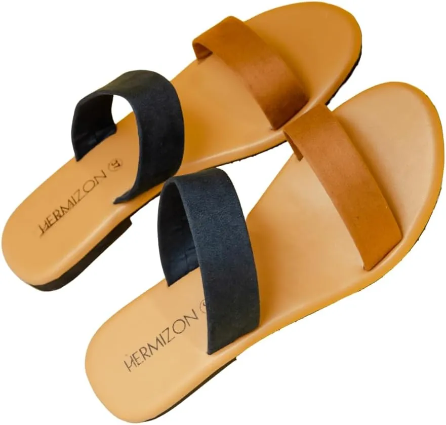 Twain Game - Women's Suede Vegan Leather Double Band Comfortable Flat Slide Sandal