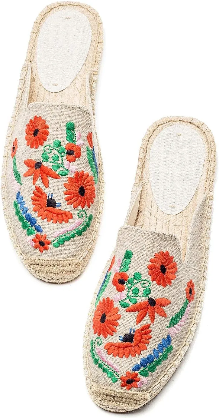U-lite Women's Stylish Embroidery Flat Espadrilles Fancy Mule