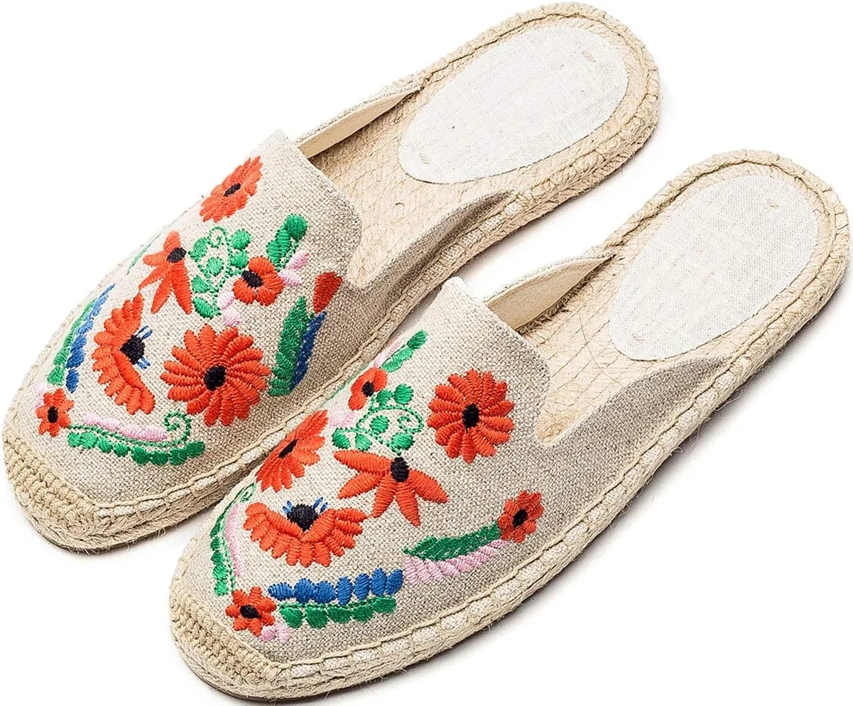 U-lite Women's Stylish Embroidery Flat Espadrilles Fancy Mule