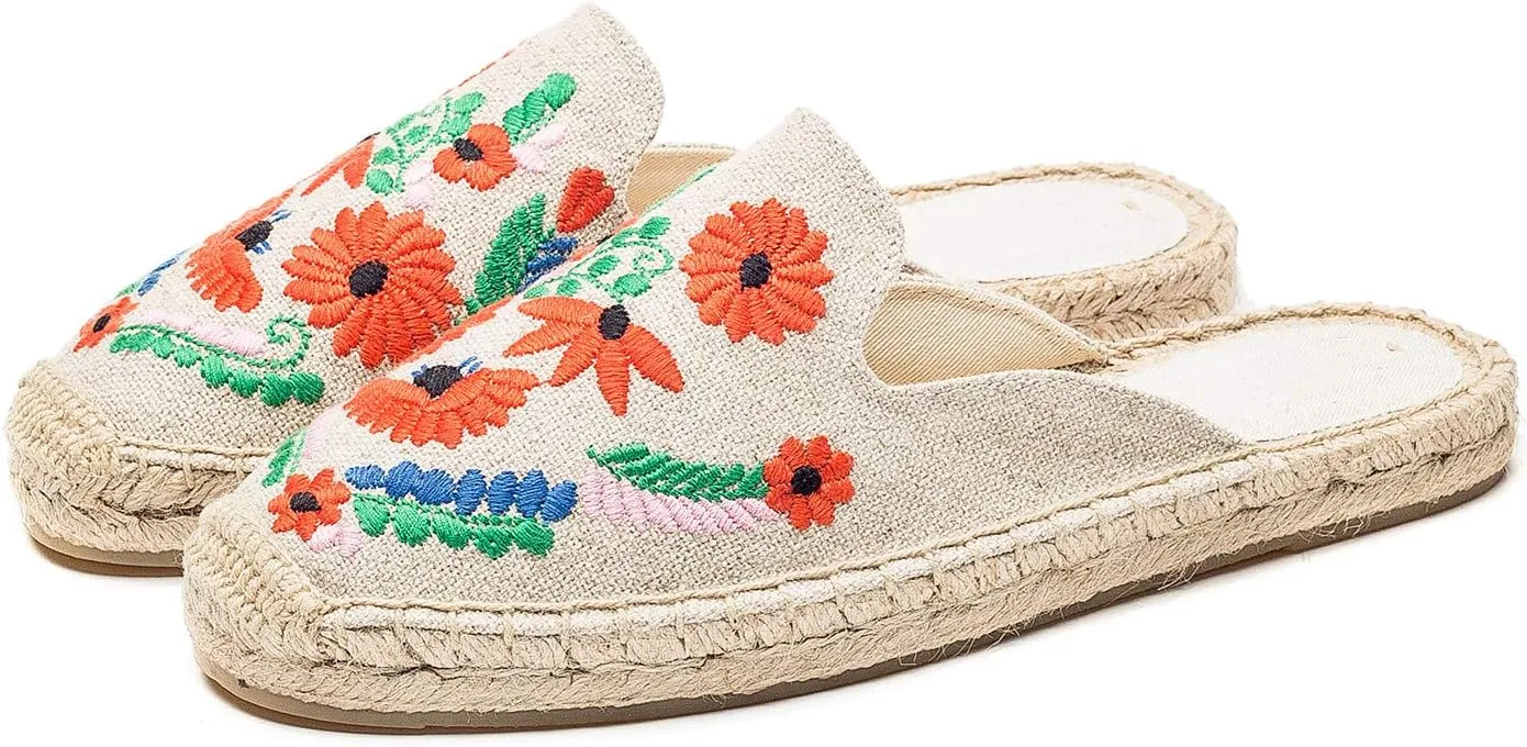 U-lite Women's Stylish Embroidery Flat Espadrilles Fancy Mule