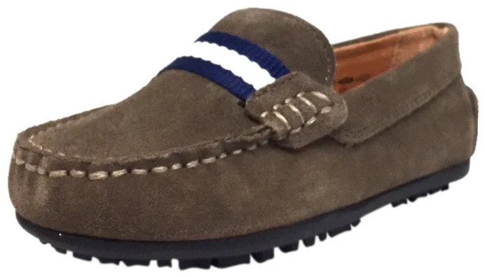 Umi Boy's Taupe Suede Leather Studded Fabric Racing Stripe Slip On Moccasin Loafer